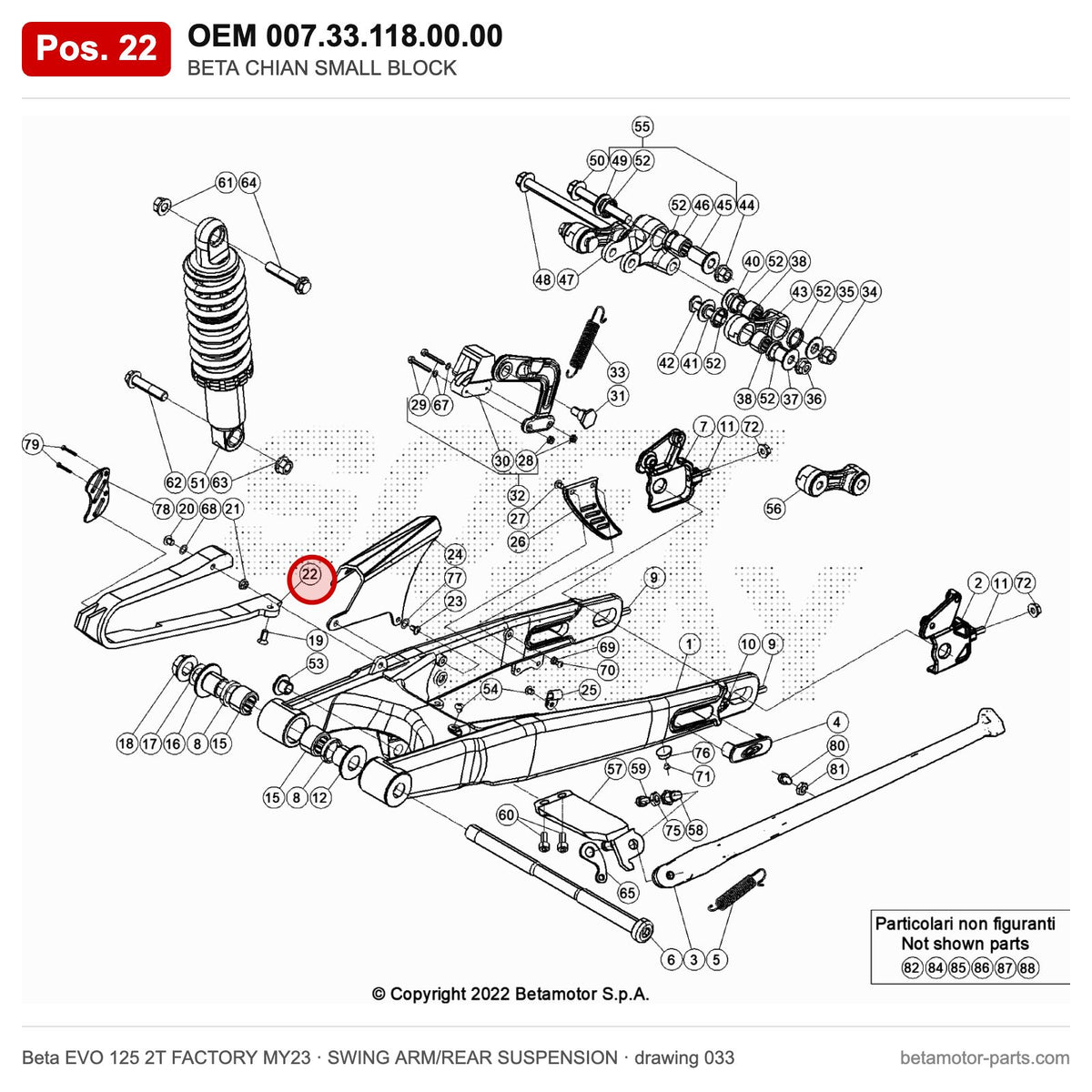 BETA CHIAN SMALL BLOCK – OEM 007.33.118.00.00, position 22 on the Beta EVO 125 2T FACTORY MY23 swing arm/rear suspension drawing