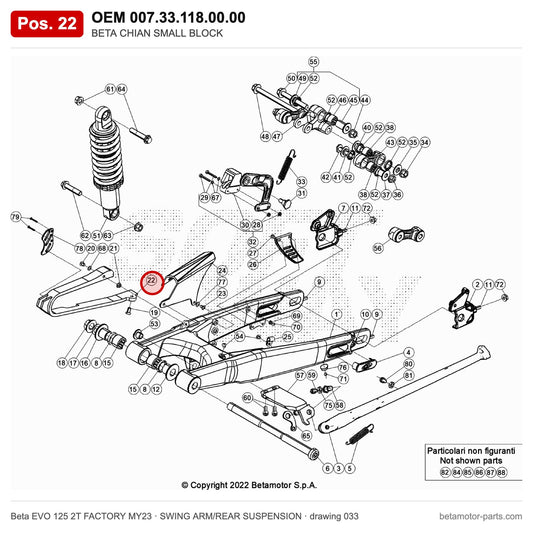 BETA CHIAN SMALL BLOCK – OEM 007.33.118.00.00, position 22 on the Beta EVO 125 2T FACTORY MY23 swing arm/rear suspension drawing