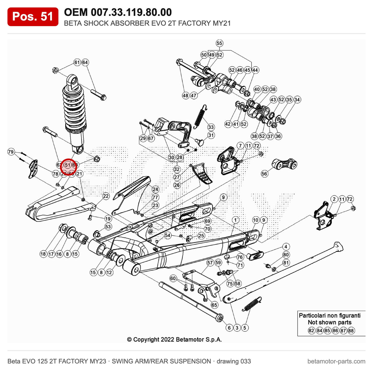 BETA SHOCK ABSORBER EVO 2T FACTORY MY21 – OEM 007.33.119.80.00, position 51 on the Beta EVO 125 2T FACTORY MY23 swing arm/rear suspension drawing
