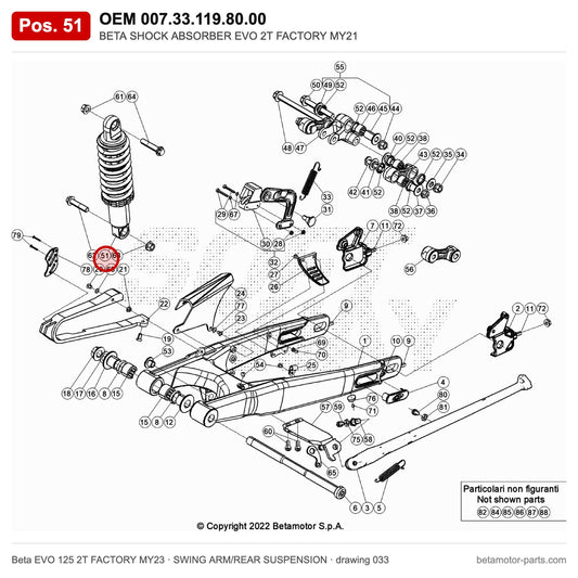 BETA SHOCK ABSORBER EVO 2T FACTORY MY21 – OEM 007.33.119.80.00, position 51 on the Beta EVO 125 2T FACTORY MY23 swing arm/rear suspension drawing