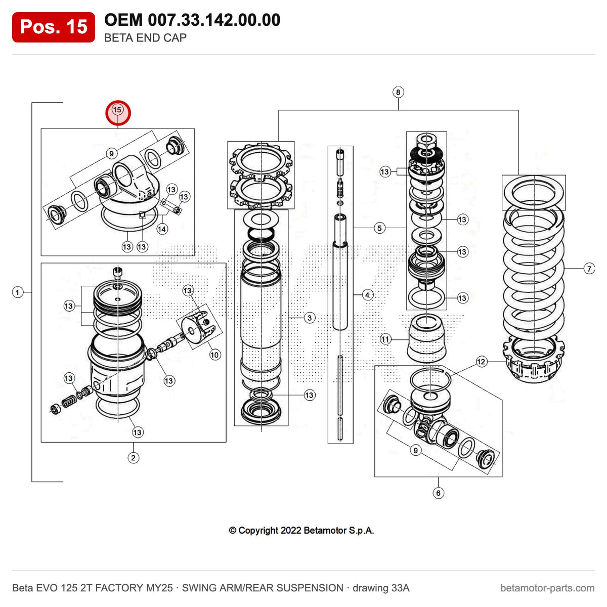 BETA END CAP – OEM 007.33.142.00.00, position 15 on the Beta EVO 125 2T FACTORY MY25 swing arm/rear suspension drawing