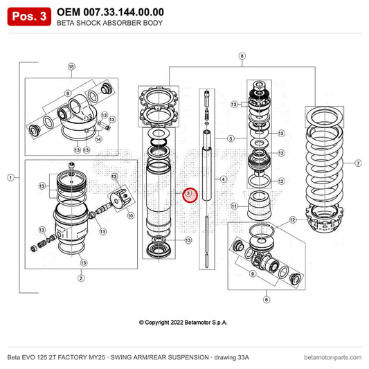 BETA SHOCK ABSORBER BODY – OEM 007.33.144.00.00, position 3 on the Beta EVO 125 2T FACTORY MY25 swing arm/rear suspension drawing