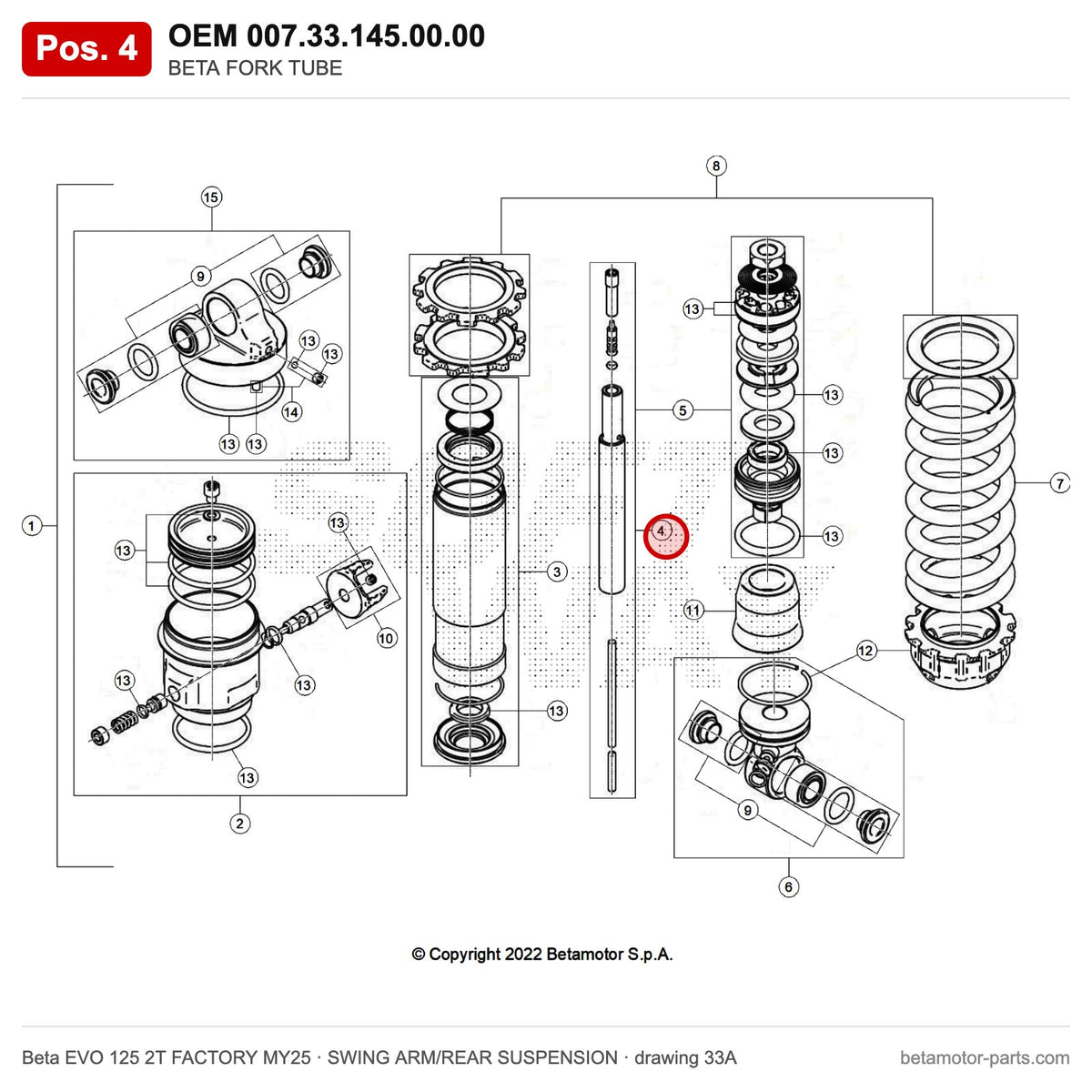 BETA FORK TUBE – OEM 007.33.145.00.00, position 4 on the Beta EVO 125 2T FACTORY MY25 swing arm/rear suspension drawing