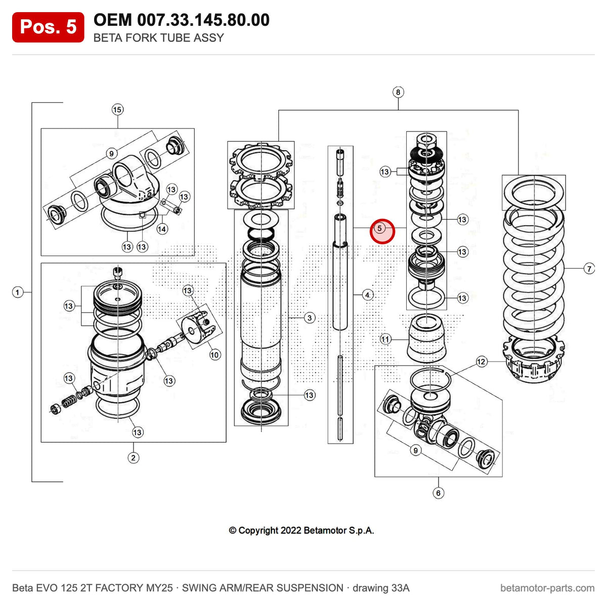 BETA FORK TUBE ASSY – OEM 007.33.145.80.00, position 5 on the Beta EVO 125 2T FACTORY MY25 swing arm/rear suspension drawing