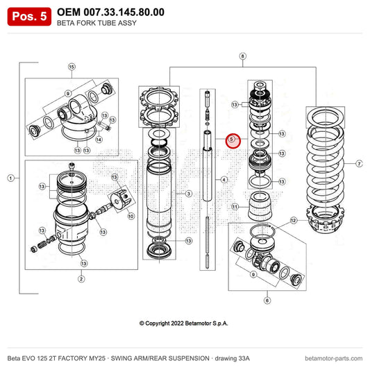 BETA FORK TUBE ASSY – OEM 007.33.145.80.00, position 5 on the Beta EVO 125 2T FACTORY MY25 swing arm/rear suspension drawing