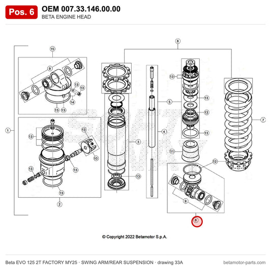 BETA ENGINE HEAD – OEM 007.33.146.00.00, position 6 on the Beta EVO 125 2T FACTORY MY25 swing arm/rear suspension drawing