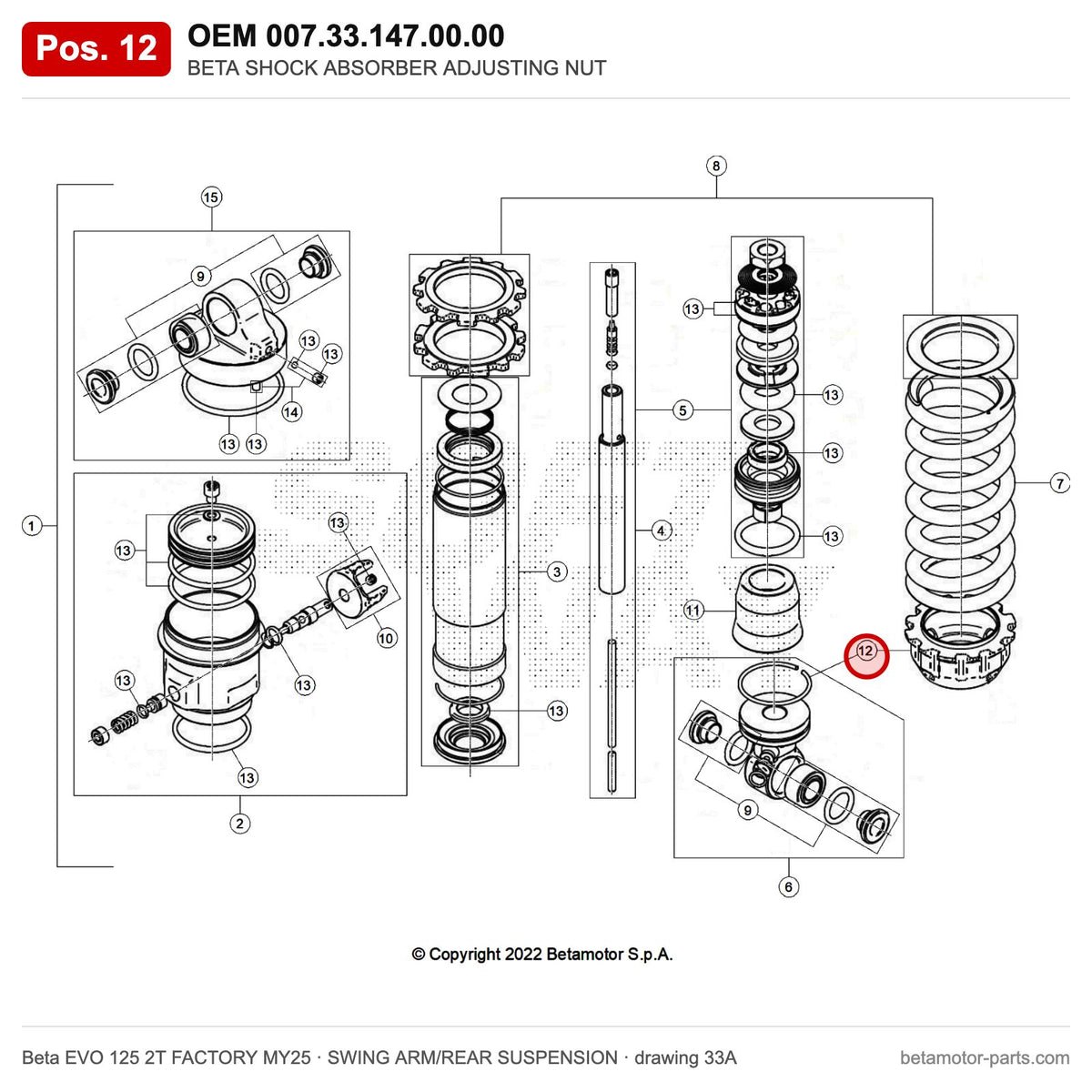 BETA SHOCK ABSORBER ADJUSTING NUT – OEM 007.33.147.00.00, position 12 on the Beta EVO 125 2T FACTORY MY25 swing arm/rear suspension drawing