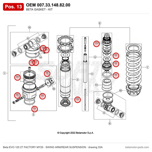 BETA GASKET - KIT – OEM 007.33.148.82.00, position 13 on the Beta EVO 125 2T FACTORY MY25 swing arm/rear suspension drawing