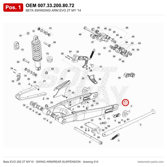 BETA SWINGING ARM EVO 2T MY '14 – OEM 007.33.200.80.72, position 1 on the Beta EVO 200 2T MY15 swing arm/rear suspension drawing