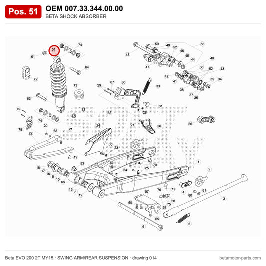 BETA SHOCK ABSORBER – OEM 007.33.344.00.00, position 51 on the Beta EVO 200 2T MY15 swing arm/rear suspension drawing