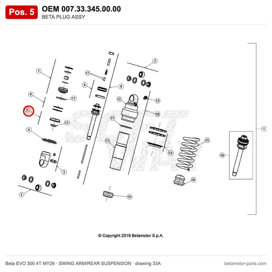 BETA PLUG ASSY – OEM 007.33.345.00.00, position 5 on the Beta EVO 300 4T MY26 swing arm/rear suspension drawing