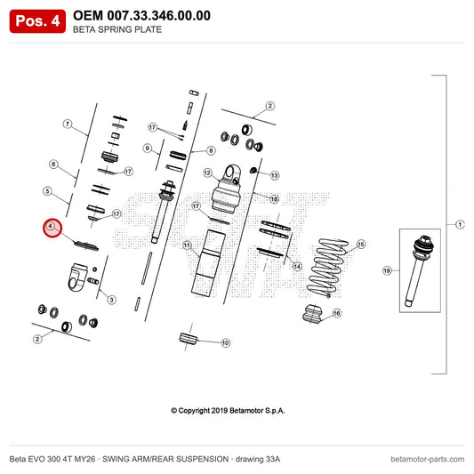 BETA SPRING PLATE – OEM 007.33.346.00.00, position 4 on the Beta EVO 300 4T MY26 swing arm/rear suspension drawing