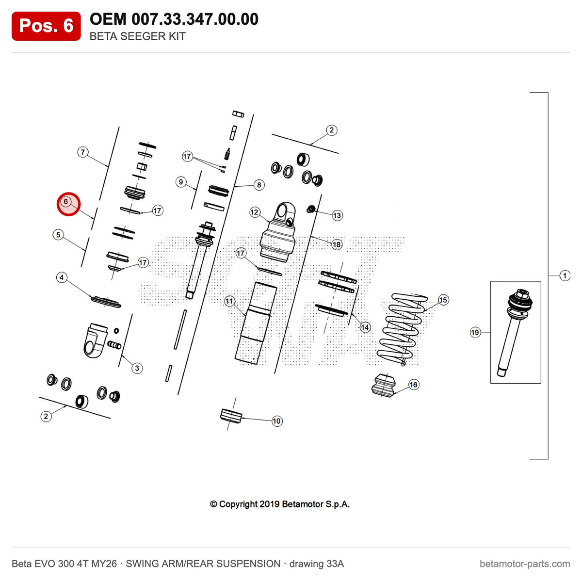BETA SEEGER KIT – OEM 007.33.347.00.00, position 6 on the Beta EVO 300 4T MY26 swing arm/rear suspension drawing