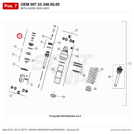 BETA GUIDE ROD ASSY. – OEM 007.33.348.00.00, position 7 on the Beta EVO 125 2T MY16 swing arm/rear suspension drawing