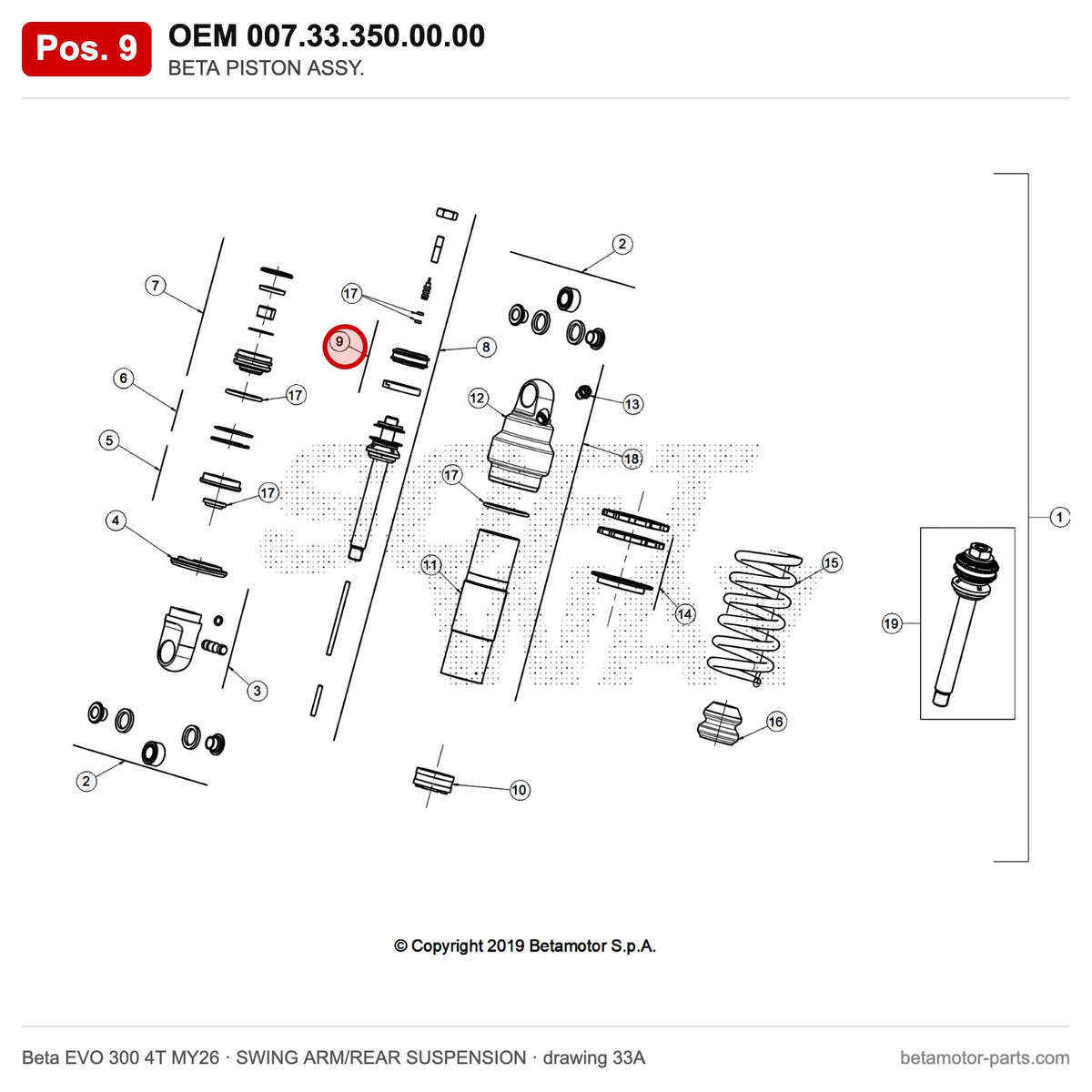 BETA PISTON ASSY. – OEM 007.33.350.00.00, position 9 on the Beta EVO 300 4T MY26 swing arm/rear suspension drawing