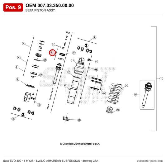 BETA PISTON ASSY. – OEM 007.33.350.00.00, position 9 on the Beta EVO 300 4T MY26 swing arm/rear suspension drawing