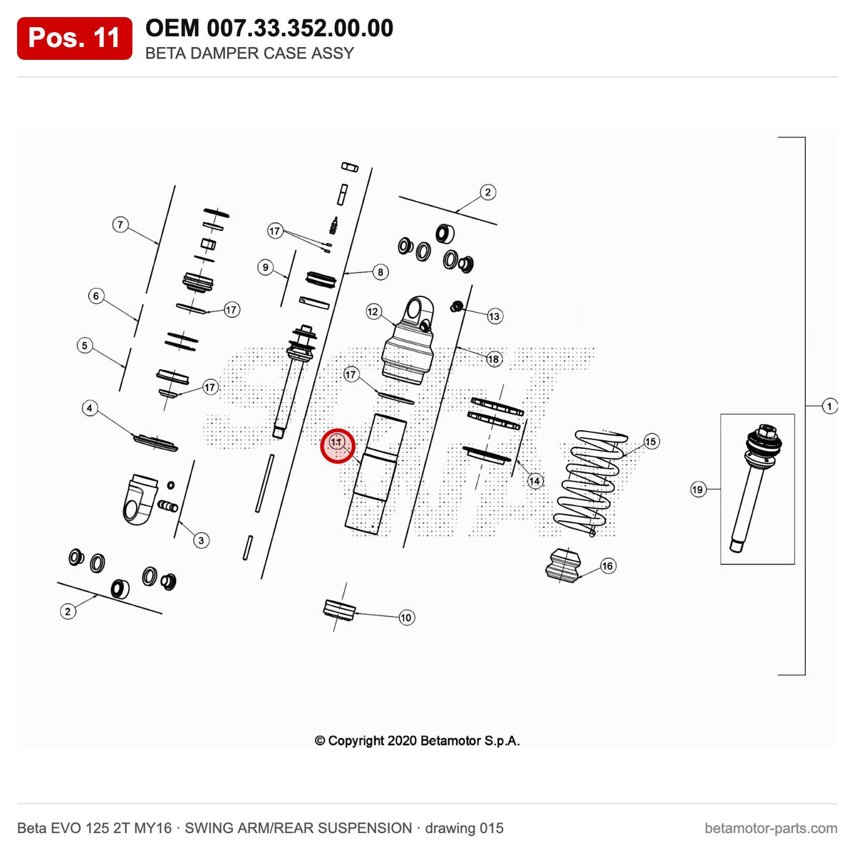 BETA DAMPER CASE ASSY – OEM 007.33.352.00.00, position 11 on the Beta EVO 125 2T MY16 swing arm/rear suspension drawing