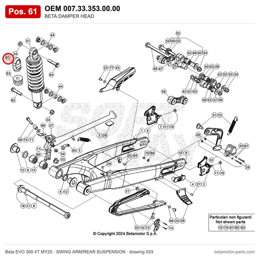 BETA DAMPER HEAD – OEM 007.33.353.00.00, position 61 on the Beta EVO 300 4T MY25 swing arm/rear suspension drawing