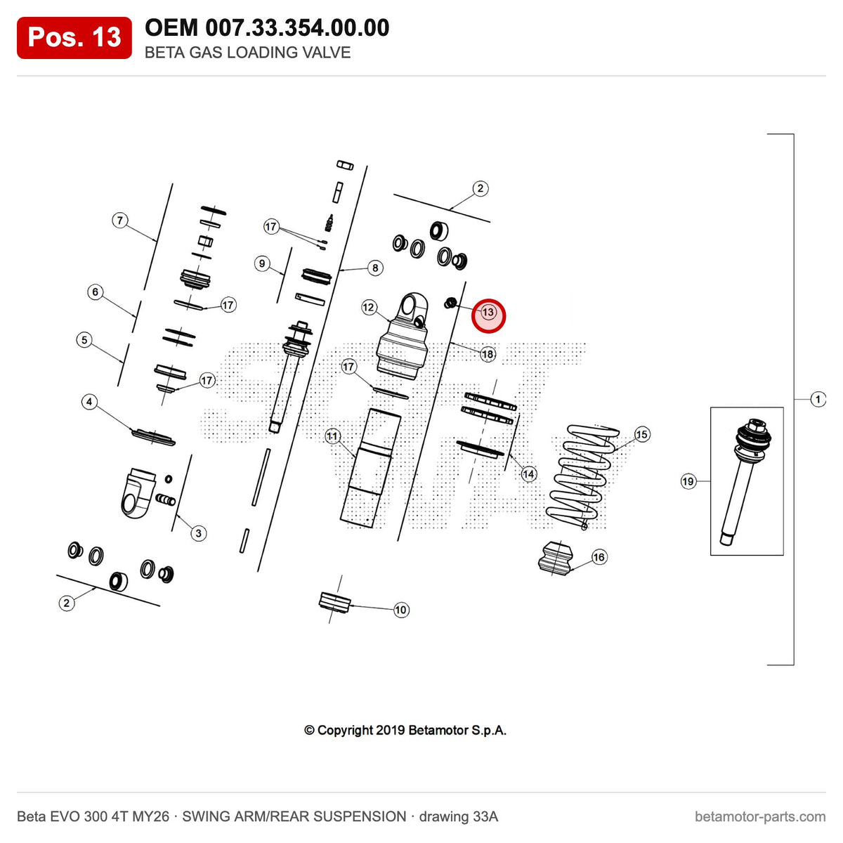 BETA GAS LOADING VALVE – OEM 007.33.354.00.00, position 13 on the Beta EVO 300 4T MY26 swing arm/rear suspension drawing