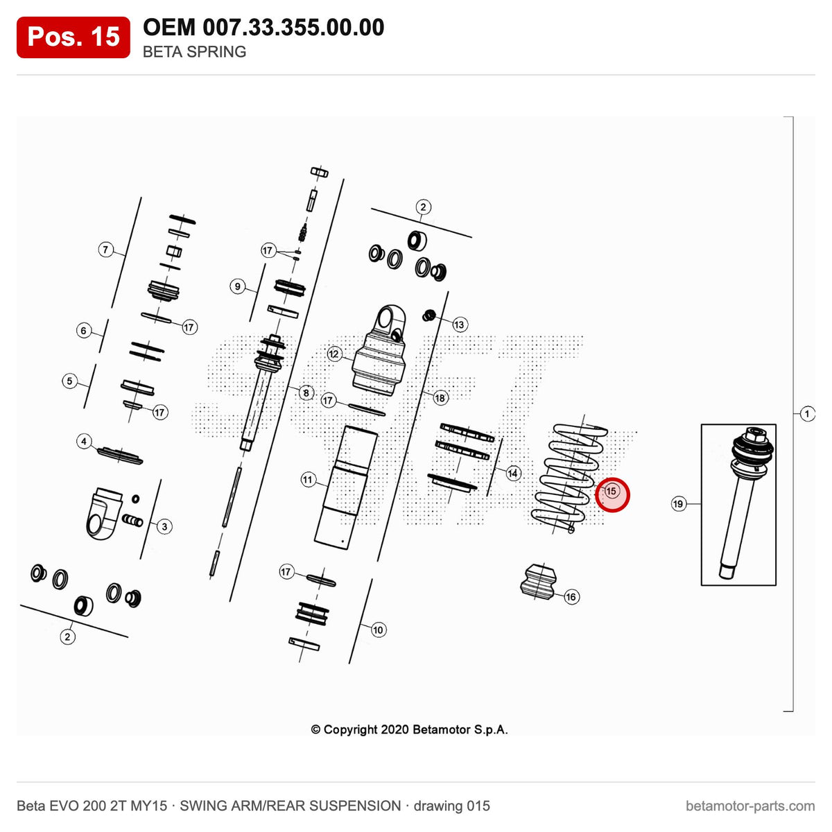 BETA SPRING – OEM 007.33.355.00.00, position 15 on the Beta EVO 200 2T MY15 swing arm/rear suspension drawing