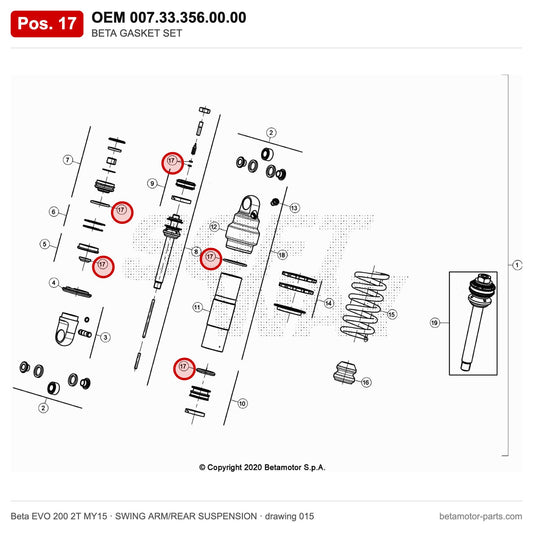BETA GASKET SET – OEM 007.33.356.00.00, position 17 on the Beta EVO 200 2T MY15 swing arm/rear suspension drawing