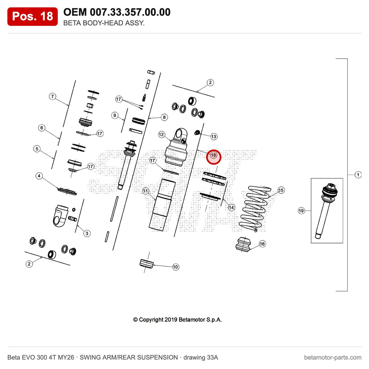 BETA BODY-HEAD ASSY. – OEM 007.33.357.00.00, position 18 on the Beta EVO 300 4T MY26 swing arm/rear suspension drawing