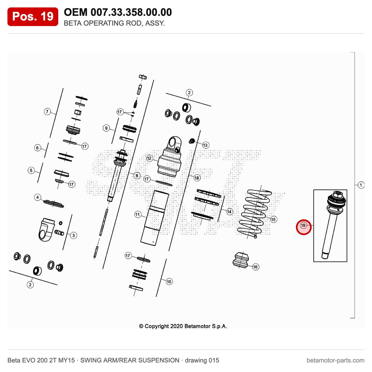 BETA OPERATING ROD, ASSY. – OEM 007.33.358.00.00, position 19 on the Beta EVO 200 2T MY15 swing arm/rear suspension drawing