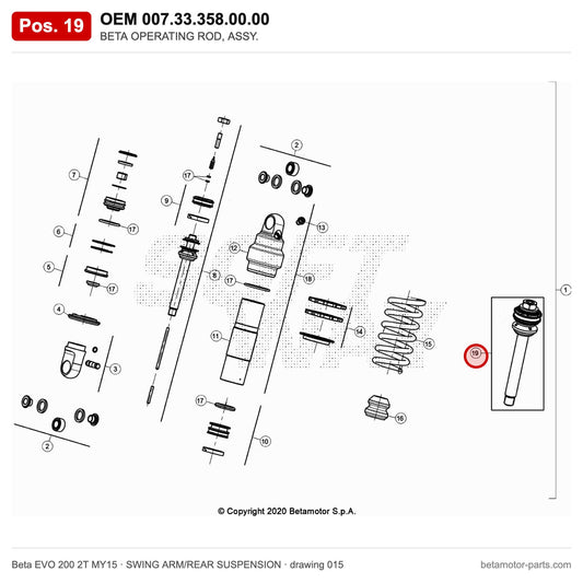 BETA OPERATING ROD, ASSY. – OEM 007.33.358.00.00, position 19 on the Beta EVO 200 2T MY15 swing arm/rear suspension drawing