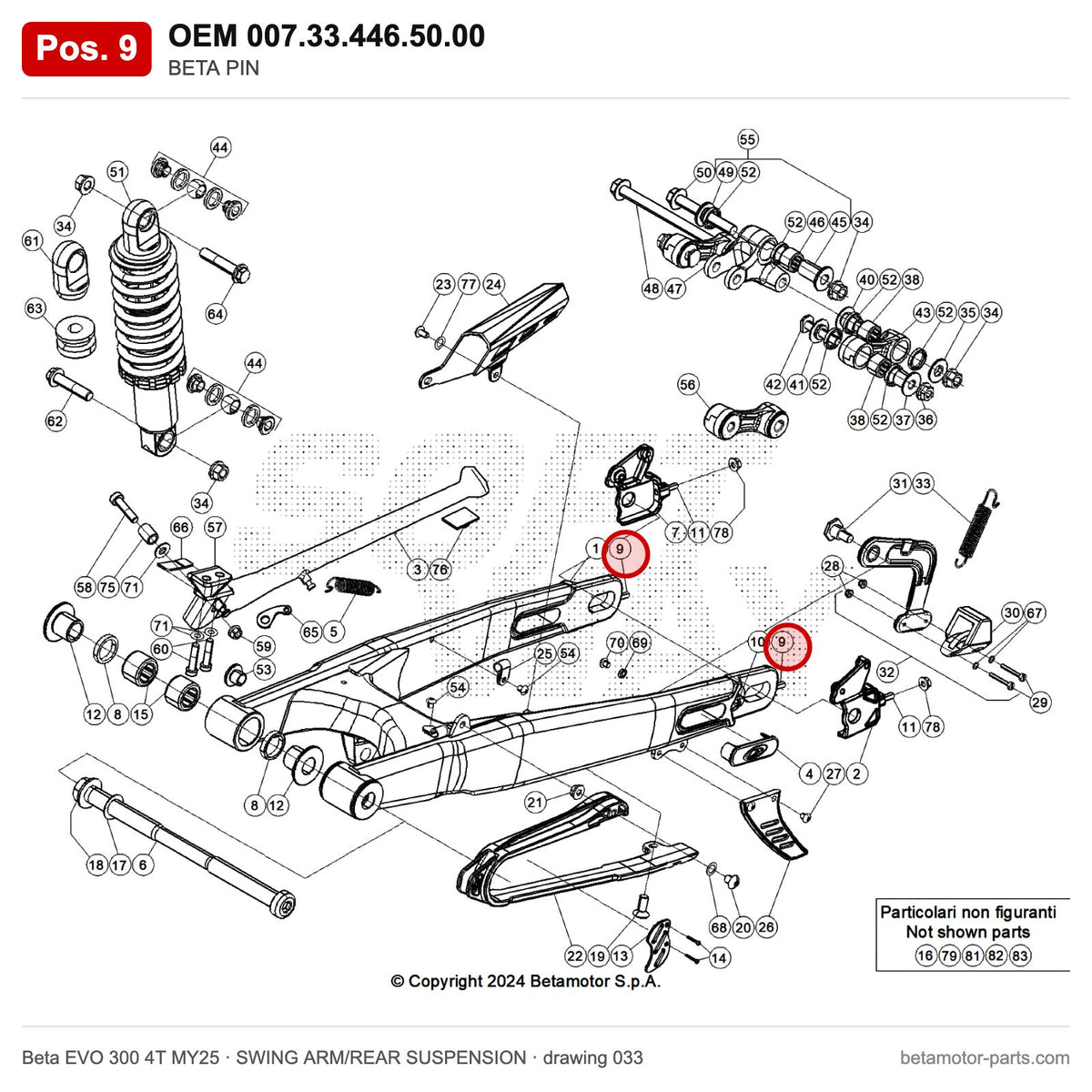 BETA PIN – OEM 007.33.446.50.00, position 9 on the Beta EVO 300 4T MY25 swing arm/rear suspension drawing