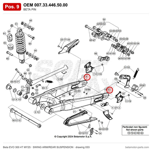 BETA PIN – OEM 007.33.446.50.00, position 9 on the Beta EVO 300 4T MY25 swing arm/rear suspension drawing
