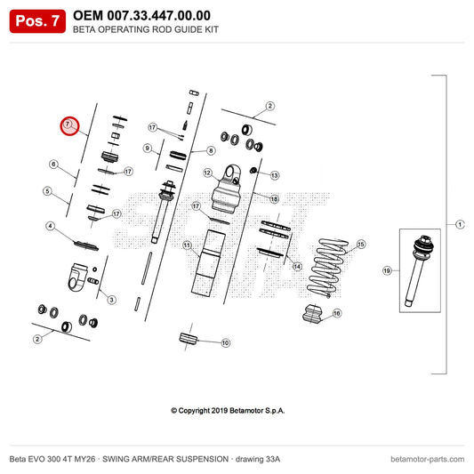 BETA OPERATING ROD GUIDE KIT – OEM 007.33.447.00.00, position 7 on the Beta EVO 300 4T MY26 swing arm/rear suspension drawing