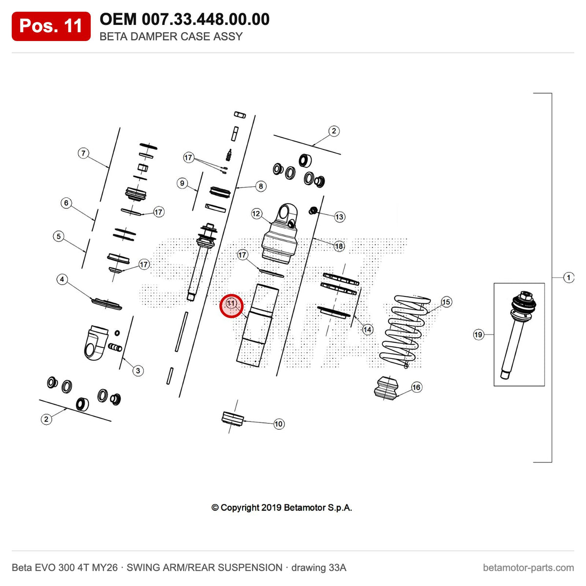 BETA DAMPER CASE ASSY – OEM 007.33.448.00.00, position 11 on the Beta EVO 300 4T MY26 swing arm/rear suspension drawing