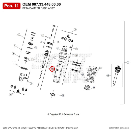 BETA DAMPER CASE ASSY – OEM 007.33.448.00.00, position 11 on the Beta EVO 300 4T MY26 swing arm/rear suspension drawing