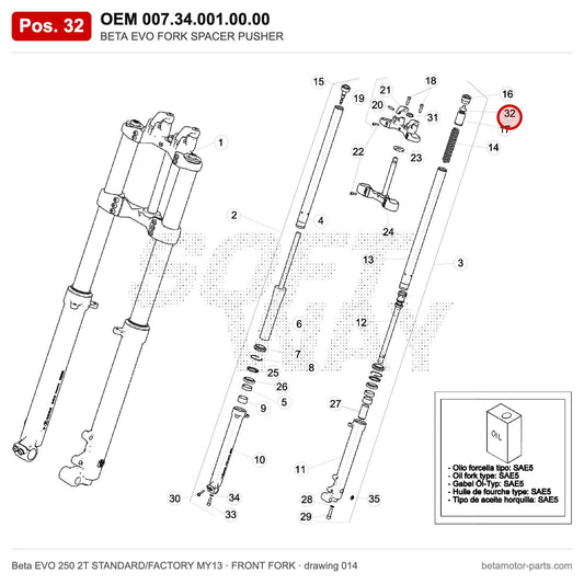 BETA EVO FORK SPACER PUSHER – OEM 007.34.001.00.00, position 32 on the Beta EVO 250 2T STANDARD/FACTORY MY13 front fork drawing