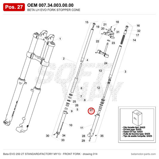 BETA LH EVO FORK STOPPER CONE – OEM 007.34.003.00.00, position 27 on the Beta EVO 250 2T STANDARD/FACTORY MY13 front fork drawing