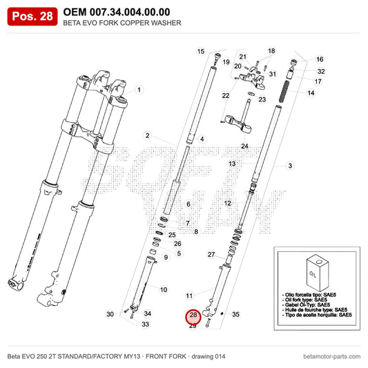 BETA EVO FORK COPPER WASHER – OEM 007.34.004.00.00, position 28 on the Beta EVO 250 2T STANDARD/FACTORY MY13 front fork drawing