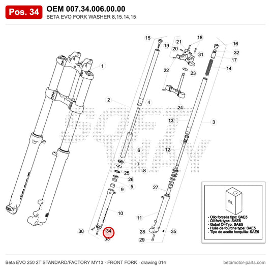 BETA EVO FORK WASHER 8,15.14,15 – OEM 007.34.006.00.00, position 34 on the Beta EVO 250 2T STANDARD/FACTORY MY13 front fork drawing