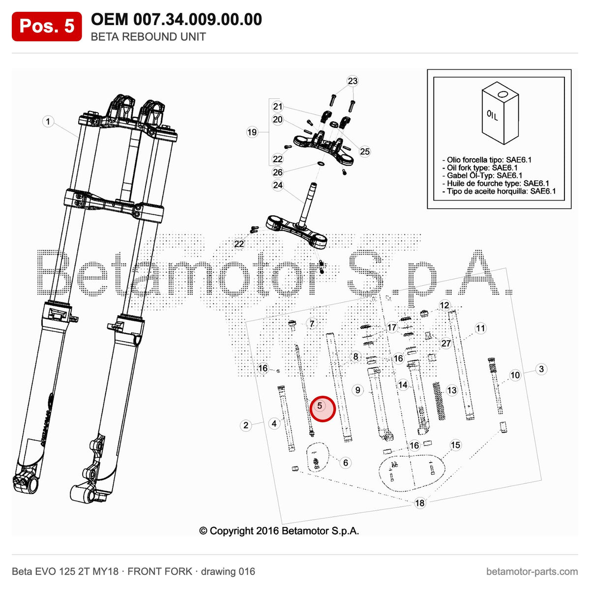 BETA REBOUND UNIT – OEM 007.34.009.00.00, position 5 on the Beta EVO 125 2T MY18 front fork drawing