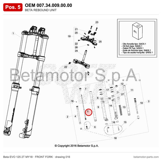 BETA REBOUND UNIT – OEM 007.34.009.00.00, position 5 on the Beta EVO 125 2T MY18 front fork drawing