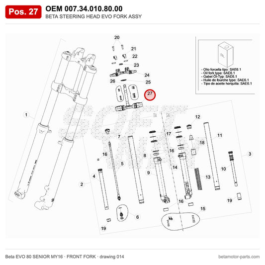 BETA STEERING HEAD EVO FORK ASSY – OEM 007.34.010.80.00, position 27 on the Beta EVO 80 SENIOR MY16 front fork drawing