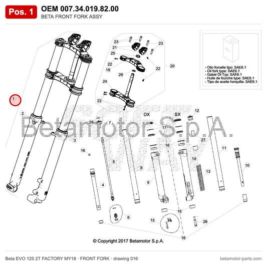 BETA FRONT FORK ASSY – OEM 007.34.019.82.00, position 1 on the Beta EVO 125 2T FACTORY MY18 front fork drawing