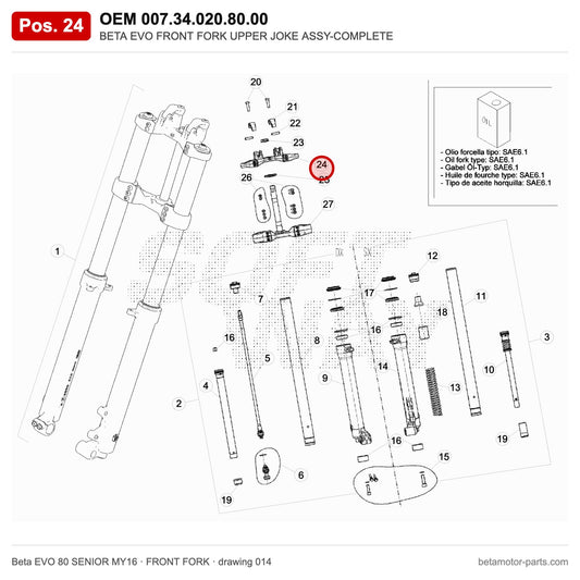 BETA EVO FRONT FORK UPPER JOKE ASSY-COMPLETE – OEM 007.34.020.80.00, position 24 on the Beta EVO 80 SENIOR MY16 front fork drawing