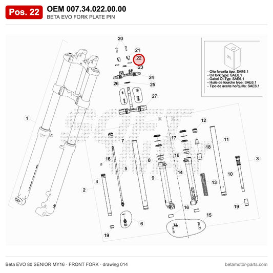 BETA EVO FORK PLATE PIN – OEM 007.34.022.00.00, position 22 on the Beta EVO 80 SENIOR MY16 front fork drawing