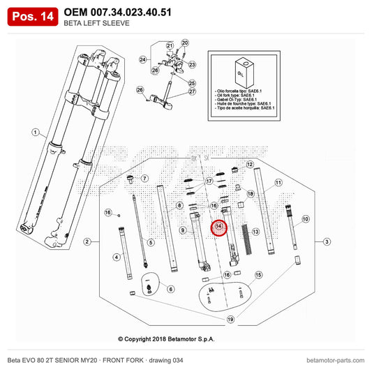 BETA LEFT SLEEVE – OEM 007.34.023.40.51, position 14 on the Beta EVO 80 2T SENIOR MY20 front fork drawing