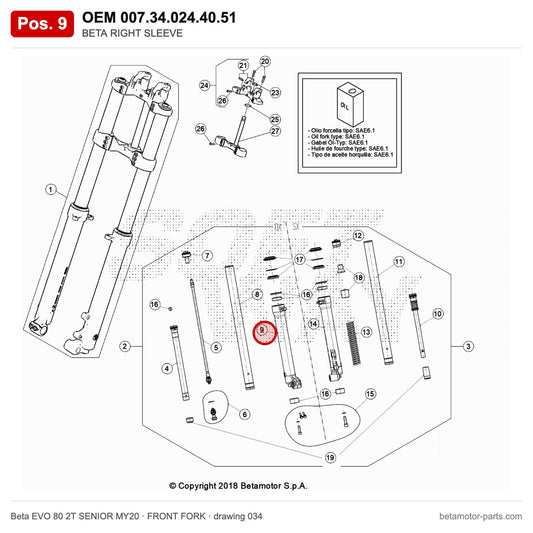 BETA RIGHT SLEEVE – OEM 007.34.024.40.51, position 9 on the Beta EVO 80 2T SENIOR MY20 front fork drawing