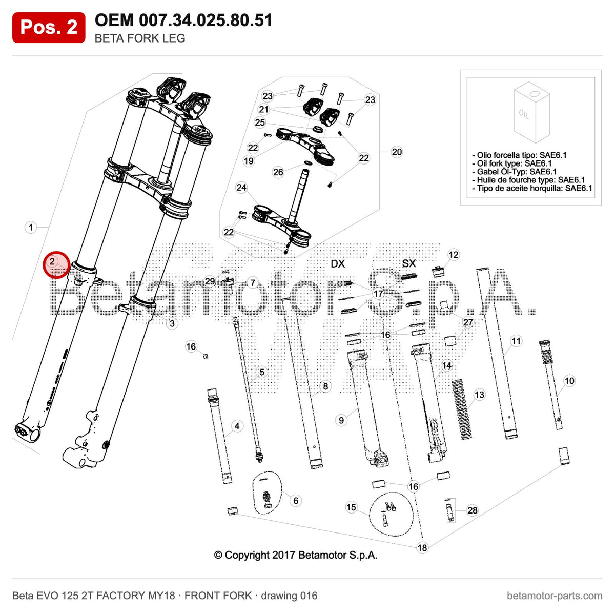 BETA FORK LEG – OEM 007.34.025.80.51, position 2 on the Beta EVO 125 2T FACTORY MY18 front fork drawing