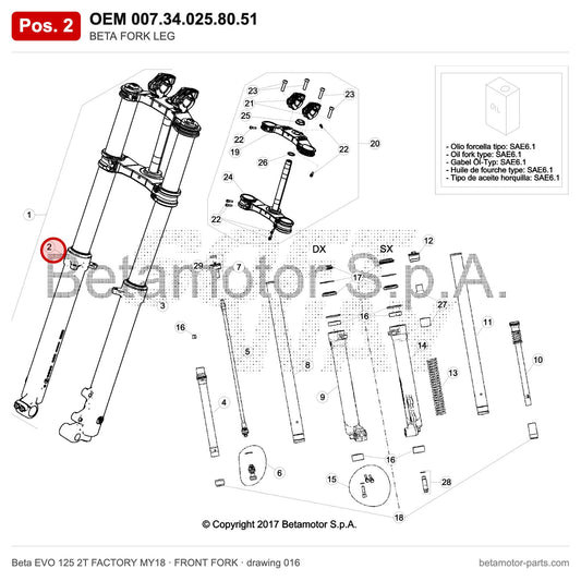 BETA FORK LEG – OEM 007.34.025.80.51, position 2 on the Beta EVO 125 2T FACTORY MY18 front fork drawing
