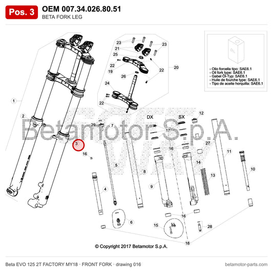 BETA FORK LEG – OEM 007.34.026.80.51, position 3 on the Beta EVO 125 2T FACTORY MY18 front fork drawing