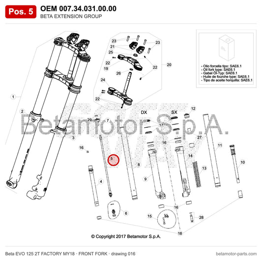 BETA EXTENSION GROUP – OEM 007.34.031.00.00, position 5 on the Beta EVO 125 2T FACTORY MY18 front fork drawing
