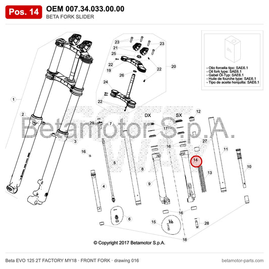 BETA FORK SLIDER – OEM 007.34.033.00.00, position 14 on the Beta EVO 125 2T FACTORY MY18 front fork drawing